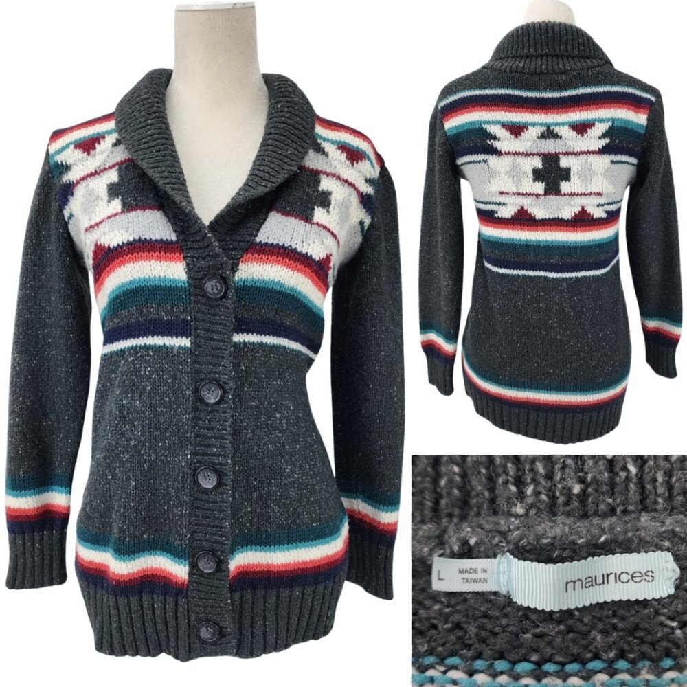 Maurices Womens Large South Western Aztec Acrylic Button Up Cardigan Sweater Top